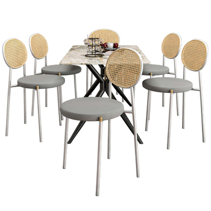 Elega 7-Piece Dining Set with Rectangular Sintered Stone Table and 6 Velvet Side Chairs with Wicker Back - Elax Furniture