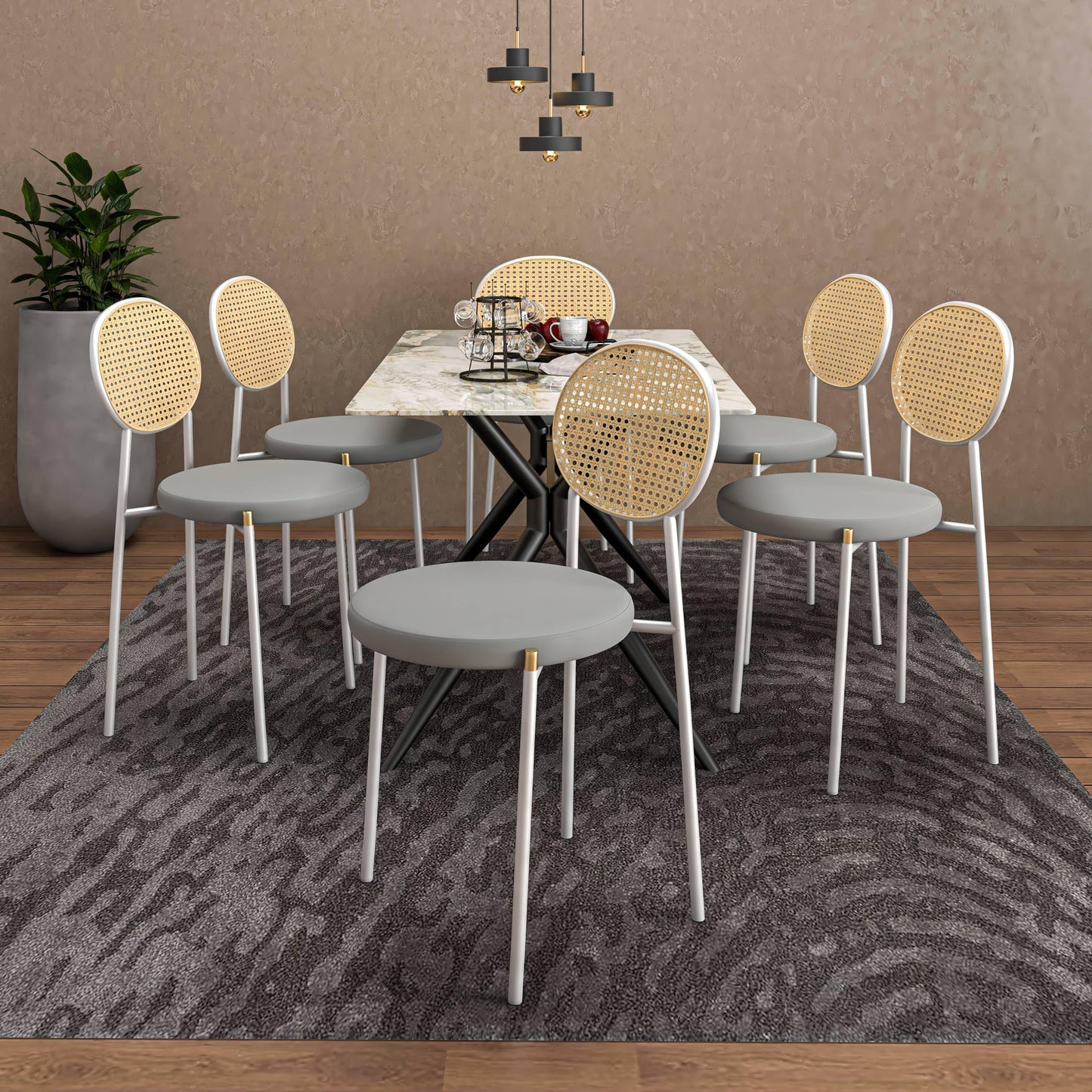 Elega 7-Piece Dining Set with Rectangular Sintered Stone Table and 6 Velvet Side Chairs with Wicker Back - Elax Furniture