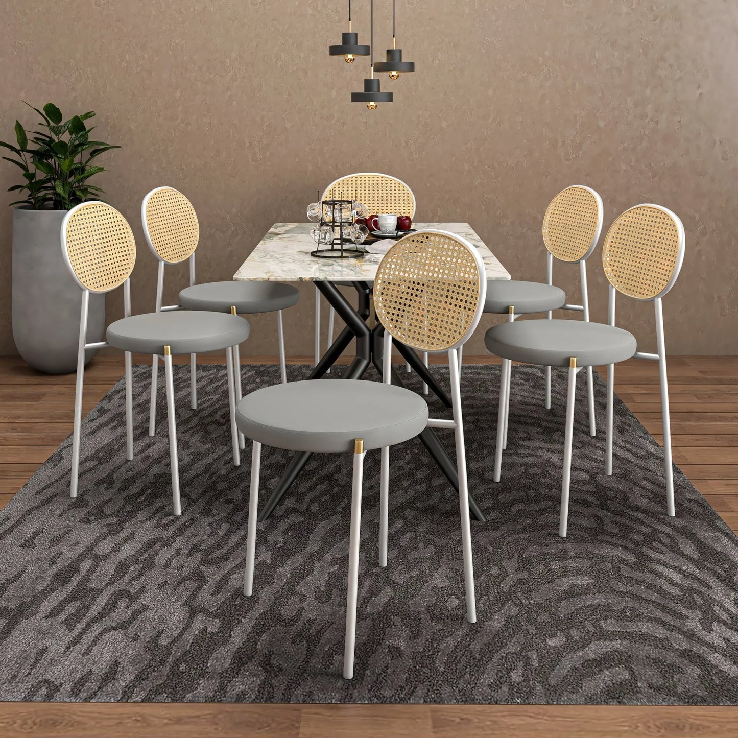 Euston Velvet Dining Chair with Rattan Back and Stainless Steel Legs - Elax Furniture