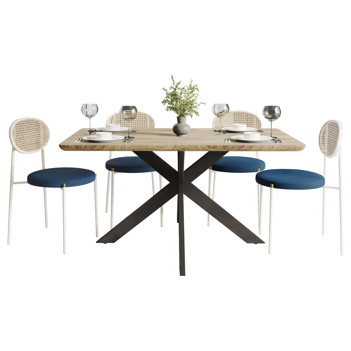 Ravenna 5-Piece Dining Set with 63" Rectangular Dining Table in Maple with 4 Velvet Dining Chairs in White Steel Legs - Elax Furniture