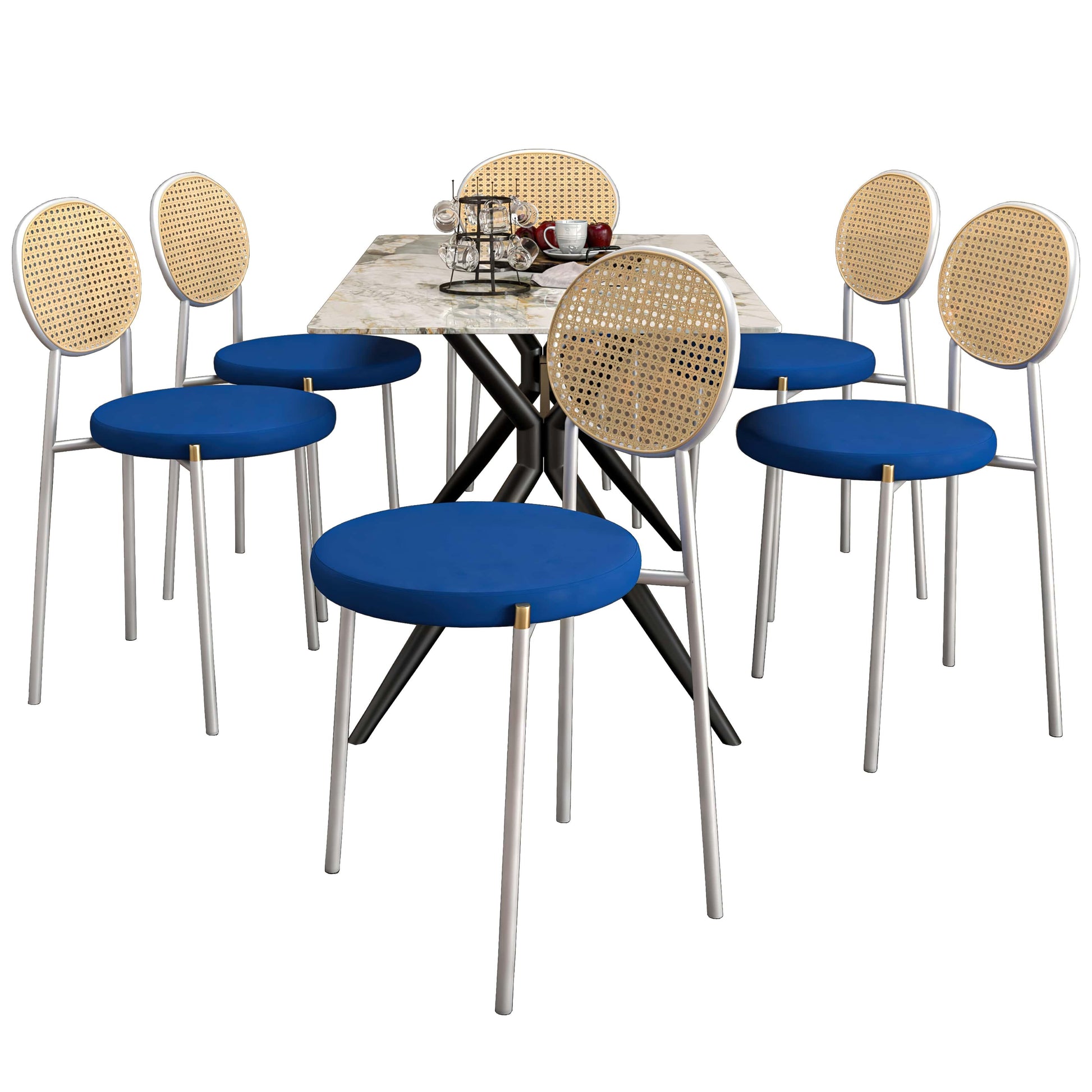 Elega 7-Piece Dining Set with Rectangular Sintered Stone Table and 6 Velvet Side Chairs with Wicker Back - Elax Furniture