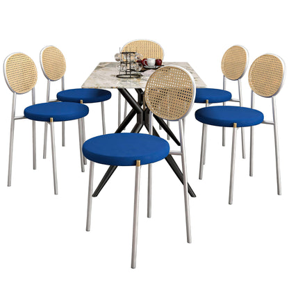 Elega 7-Piece Dining Set with Rectangular Sintered Stone Table and 6 Velvet Side Chairs with Wicker Back - Elax Furniture