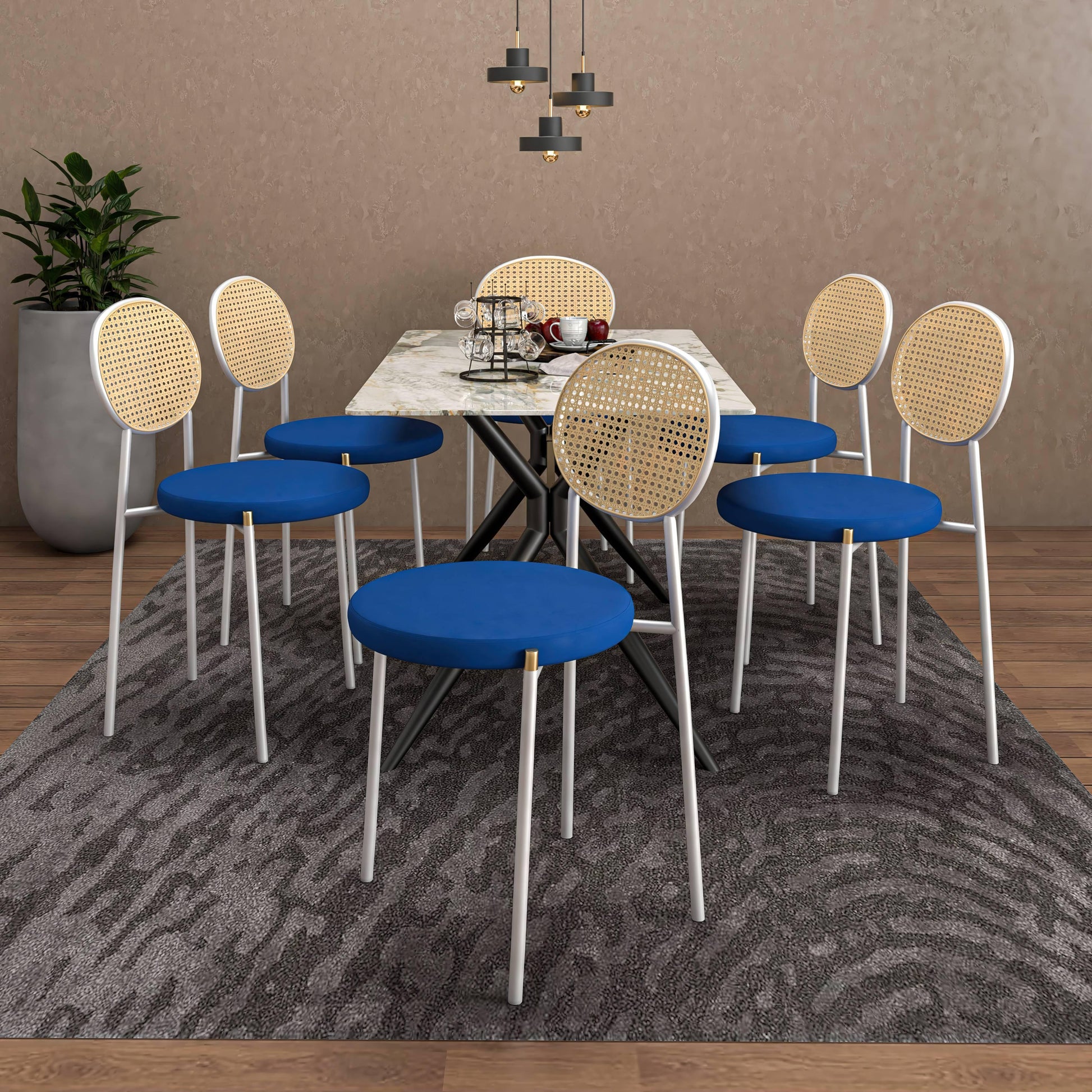 Elega 7-Piece Dining Set with Rectangular Sintered Stone Table and 6 Velvet Side Chairs with Wicker Back - Elax Furniture