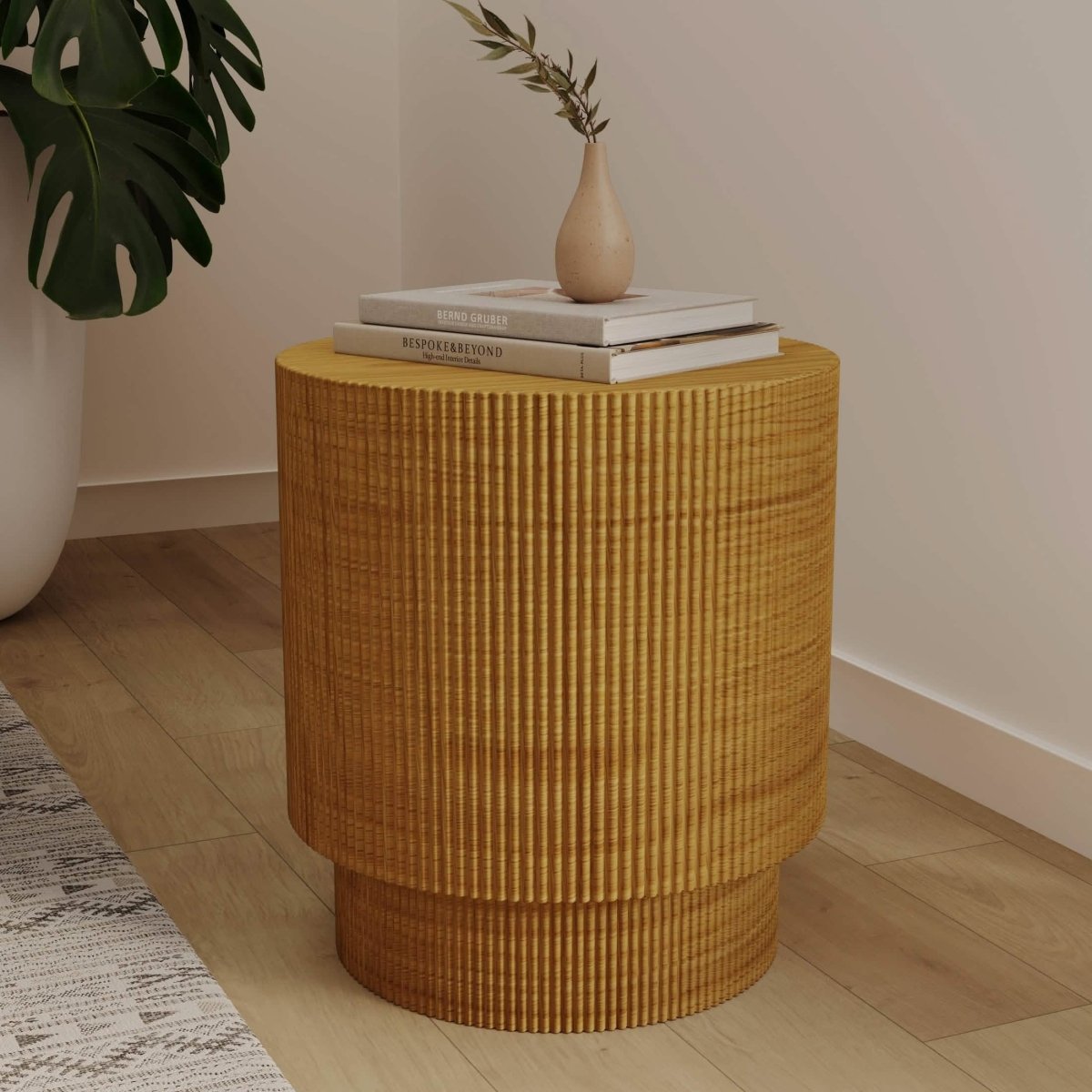 Eden Series Side Table in Fiberstone Round Accent Table for Home, Living Room, Indoor, and Outdoor Brown Side Table LeisureMod