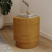 Eden Series Side Table in Fiberstone Round Accent Table for Home, Living Room, Indoor, and Outdoor Brown Side Table LeisureMod