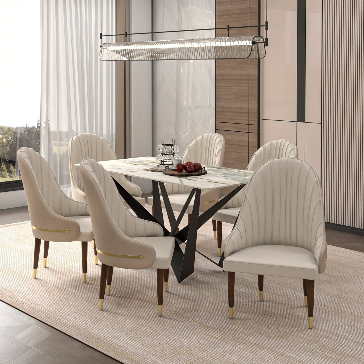Elara Leather Dining Chair with Elegant Ripple Back and Gold Accents in Rubberwood Cream Dining Chair Leisuremod