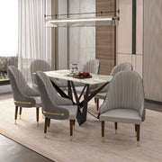 Elara Leather Dining Chair with Elegant Ripple Back and Gold Accents in Rubberwood Grey Dining Chair Leisuremod