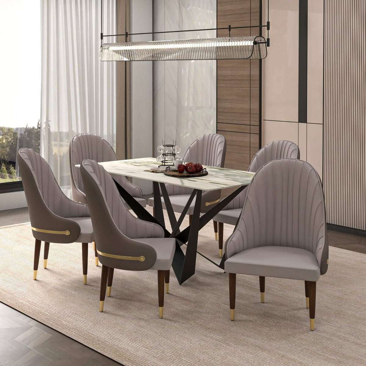 Elara Leather Dining Chair with Elegant Ripple Back and Gold Accents in Rubberwood Taupe Dining Chair Leisuremod