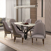 Elara Leather Dining Chair with Elegant Ripple Back and Gold Accents in Rubberwood Taupe Dining Chair Leisuremod