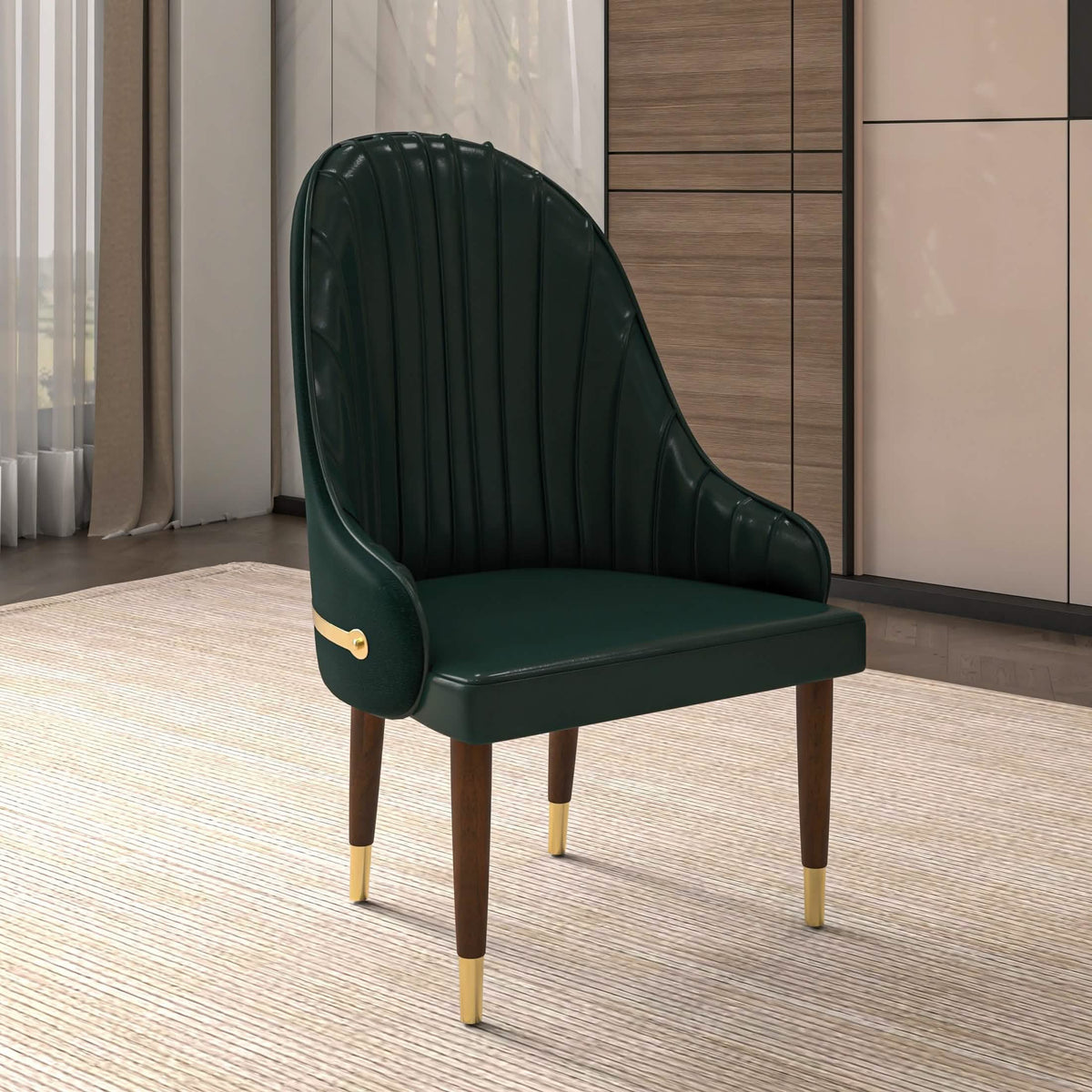 Elara Leather Dining Chair with Elegant Ripple Back and Gold Accents in Rubberwood Green Dining Chair Leisuremod