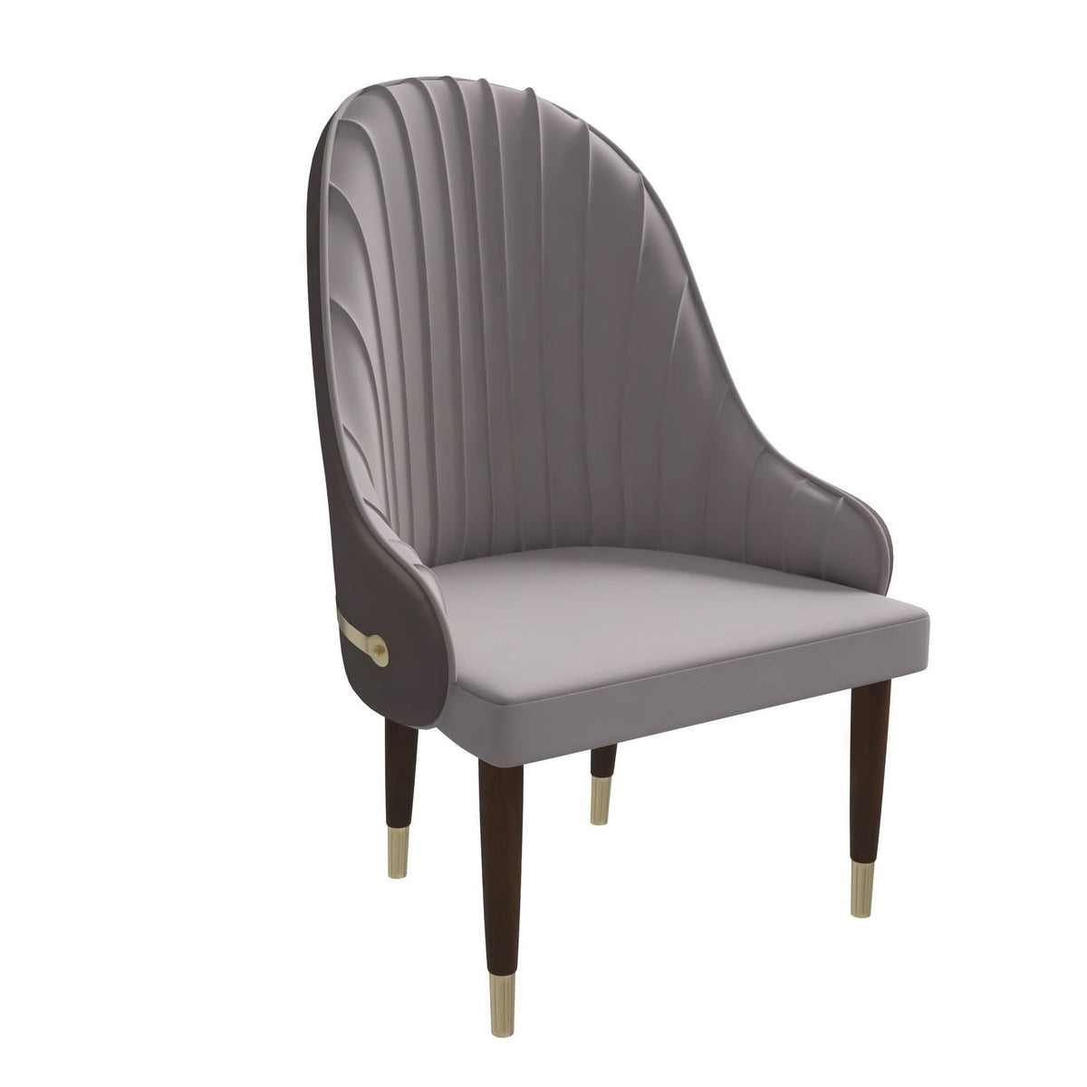Elara Leather Dining Chair with Elegant Ripple Back and Gold Accents in Rubberwood Taupe Dining Chair Leisuremod