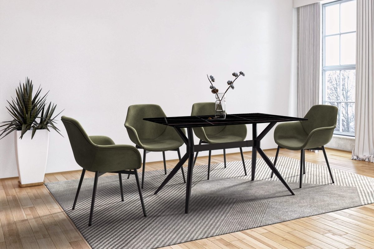 Elega Rectangular Dining Table with Sintered Stone/Glass Rectangular Top and Black Stainless Steel Base Sintered Stone 71 Inches Wide Black and Gold Dining Table Leisuremod