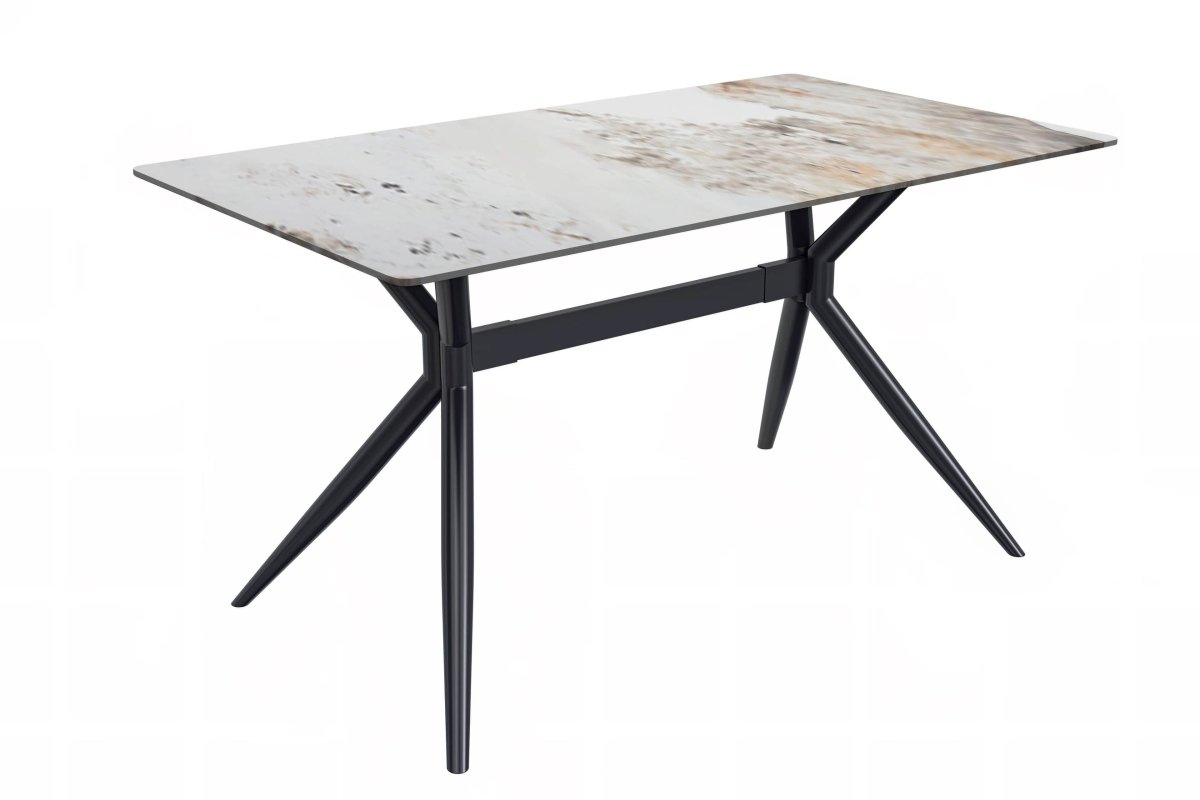 Elega Rectangular Dining Table with Sintered Stone/Glass Rectangular Top and Black Stainless Steel Base Sintered Stone 71 Inches Wide White Grey Dining Table Leisuremod