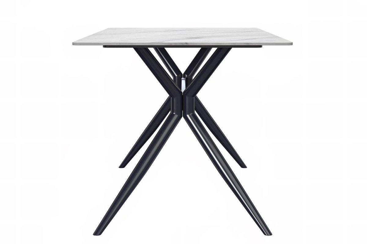 Elega Rectangular Dining Table with Sintered Stone/Glass Rectangular Top and Black Stainless Steel Base Sintered Stone 55 Inches Wide White Dining Table Leisuremod