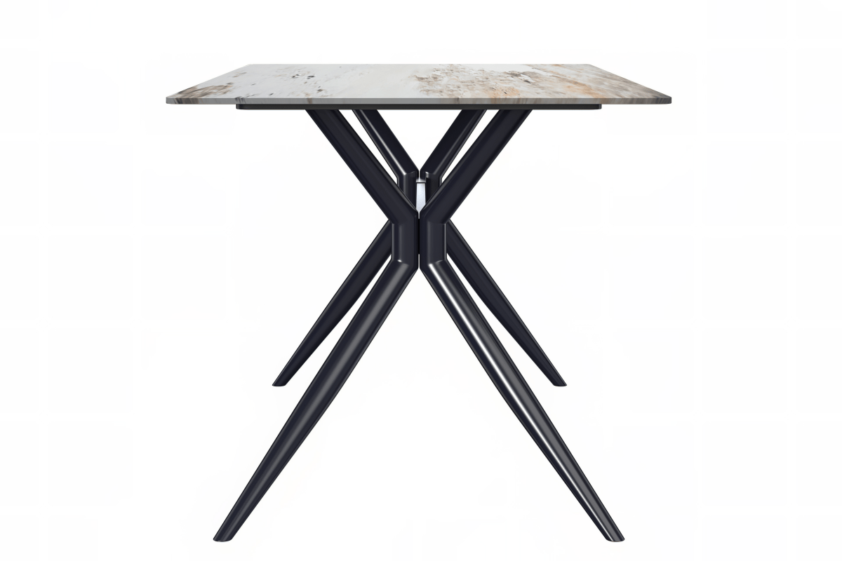 Elega Rectangular Dining Table with Sintered Stone/Glass Rectangular Top and Black Stainless Steel Base Sintered Stone 55 Inches Wide White Grey Dining Table Leisuremod