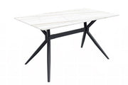 Elega Rectangular Dining Table with Sintered Stone/Glass Rectangular Top and Black Stainless Steel Base Sintered Stone 71 Inches Wide White and Gold Dining Table Leisuremod