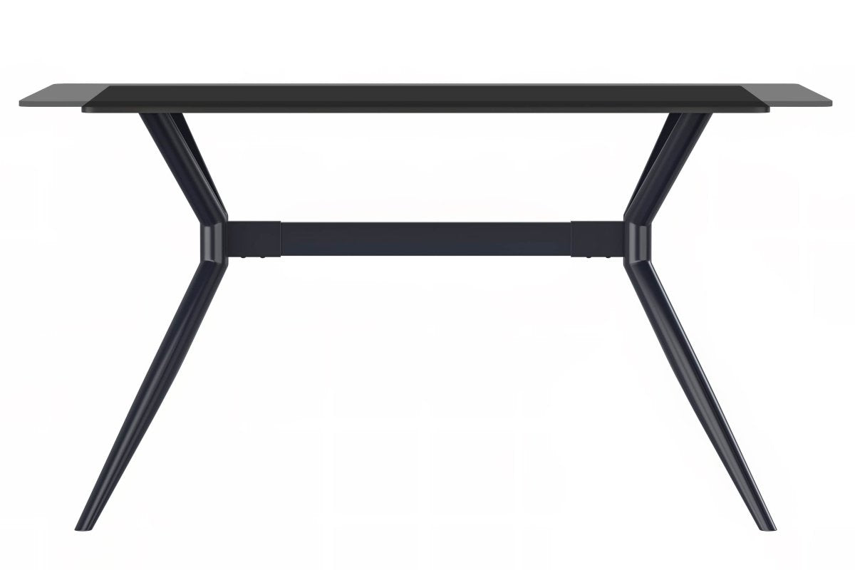 Elega Rectangular Dining Table with Sintered Stone/Glass Rectangular Top and Black Stainless Steel Base Sintered Stone 71 Inches Wide White Grey Dining Table Leisuremod