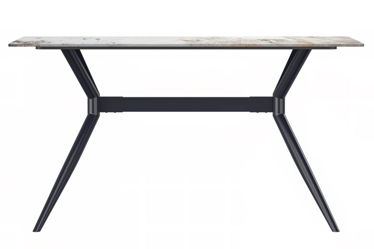 Elega Rectangular Dining Table with Sintered Stone/Glass Rectangular Top and Black Stainless Steel Base Sintered Stone 62 Inches Wide White Grey Dining Table Leisuremod