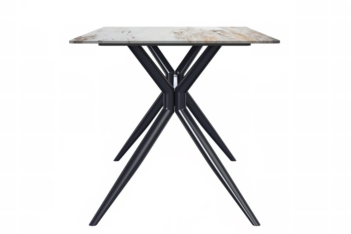 Elega Rectangular Dining Table with Sintered Stone/Glass Rectangular Top and Black Stainless Steel Base Sintered Stone 71 Inches Wide White Grey Dining Table Leisuremod