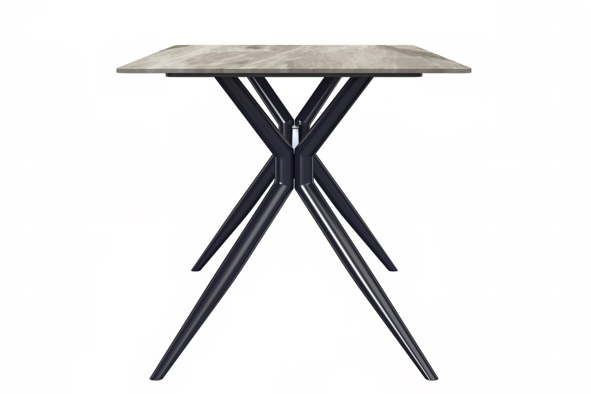 Elega Rectangular Dining Table with Sintered Stone/Glass Rectangular Top and Black Stainless Steel Base Sintered Stone 71 Inches Wide White Grey Dining Table Leisuremod