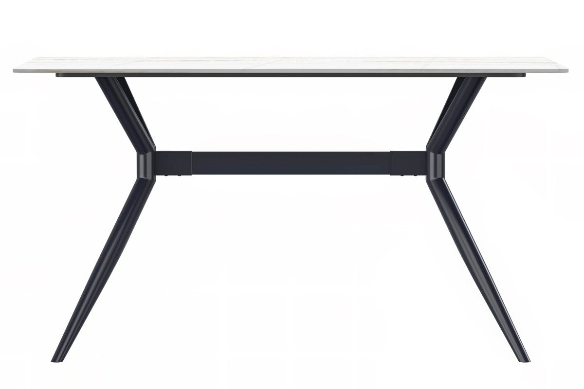 Elega Rectangular Dining Table with Sintered Stone/Glass Rectangular Top and Black Stainless Steel Base Sintered Stone 62 Inches Wide White and Gold Dining Table Leisuremod