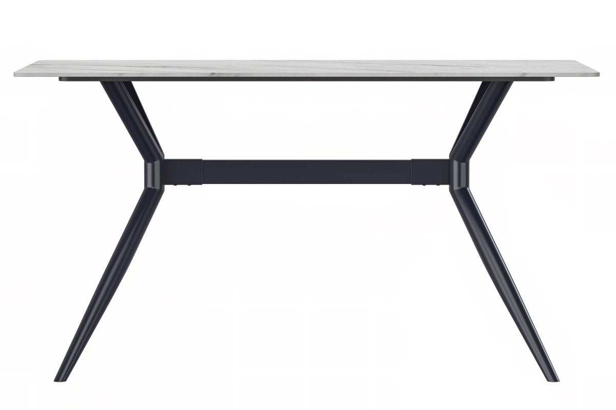 Elega Rectangular Dining Table with Sintered Stone/Glass Rectangular Top and Black Stainless Steel Base Sintered Stone 71 Inches Wide White Dining Table Leisuremod