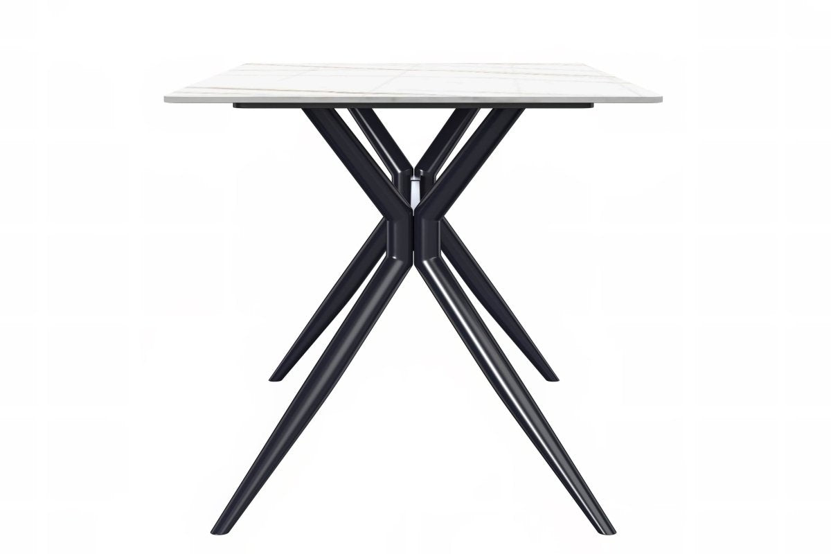 Elega Rectangular Dining Table with Sintered Stone/Glass Rectangular Top and Black Stainless Steel Base Sintered Stone 62 Inches Wide White and Gold Dining Table Leisuremod