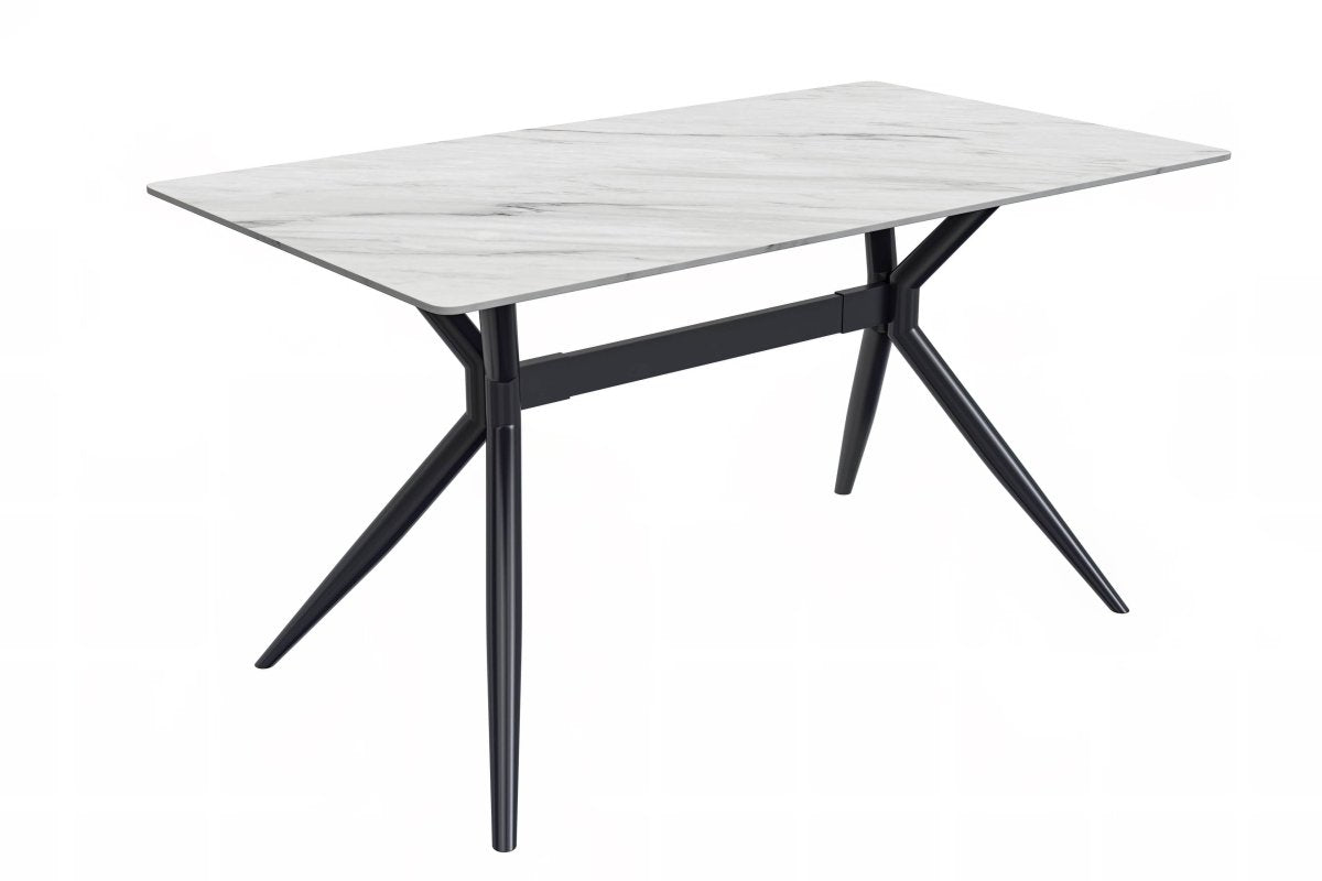 Elega Rectangular Dining Table with Sintered Stone/Glass Rectangular Top and Black Stainless Steel Base Sintered Stone 62 Inches Wide White Dining Table Leisuremod