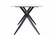 Elega Rectangular Dining Table with Sintered Stone/Glass Rectangular Top and Black Stainless Steel Base Sintered Stone 71 Inches Wide White and Gold Dining Table Leisuremod