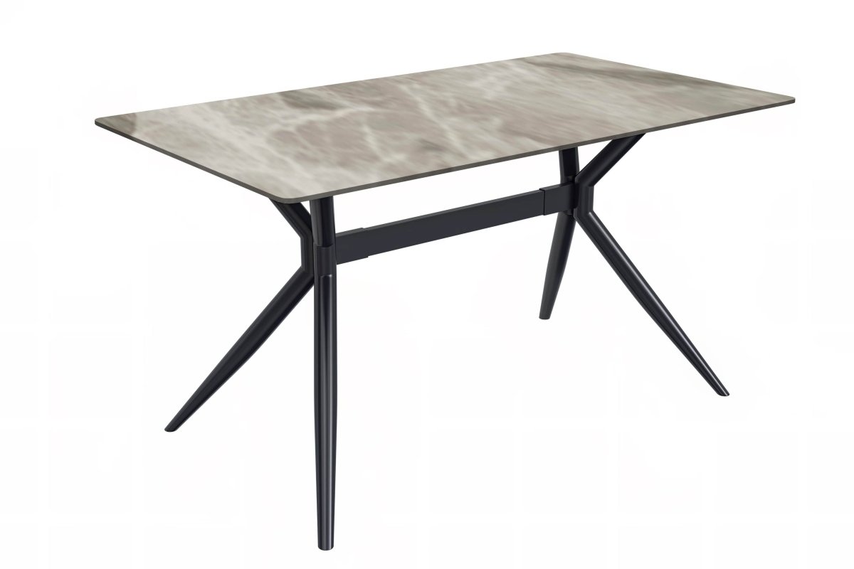 Elega Rectangular Dining Table with Sintered Stone/Glass Rectangular Top and Black Stainless Steel Base Sintered Stone 71 Inches Wide White Grey Dining Table Leisuremod