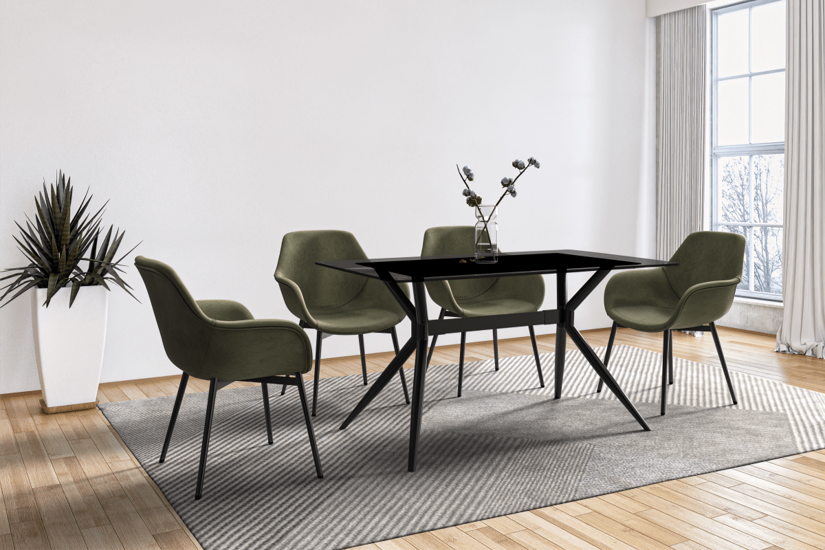 Elega Rectangular Dining Table with Sintered Stone/Glass Rectangular Top and Black Stainless Steel Base Glass Clear Dining Table Leisuremod