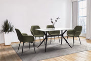 Elega Rectangular Dining Table with Sintered Stone/Glass Rectangular Top and Black Stainless Steel Base Sintered Stone 71 Inches Wide White and Gold Dining Table Leisuremod