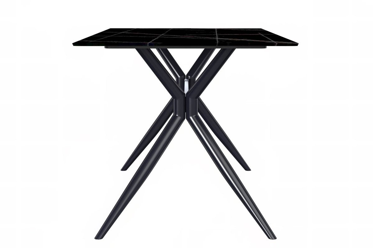 Elega Rectangular Dining Table with Sintered Stone/Glass Rectangular Top and Black Stainless Steel Base Sintered Stone 71 Inches Wide Black and Gold Dining Table Leisuremod