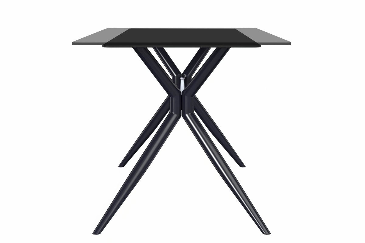 Elega Rectangular Dining Table with Sintered Stone/Glass Rectangular Top and Black Stainless Steel Base Sintered Stone 71 Inches Wide White Grey Dining Table Leisuremod