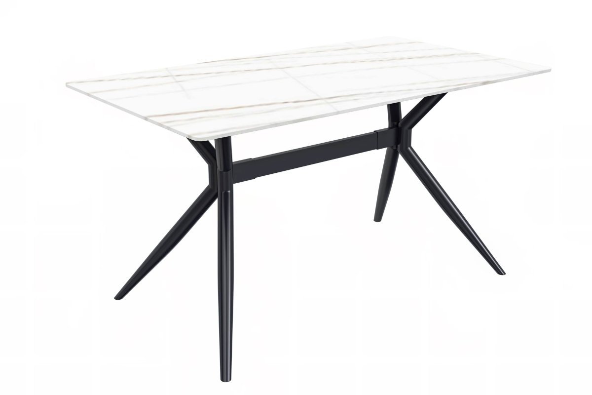 Elega Rectangular Dining Table with Sintered Stone/Glass Rectangular Top and Black Stainless Steel Base Sintered Stone 62 Inches Wide White and Gold Dining Table Leisuremod