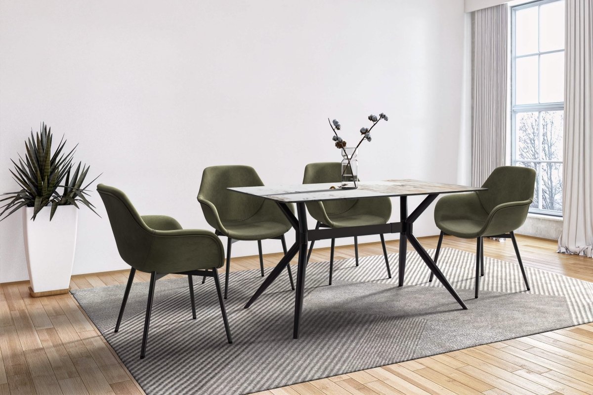 Elega Rectangular Dining Table with Sintered Stone/Glass Rectangular Top and Black Stainless Steel Base Sintered Stone 62 Inches Wide White Grey Dining Table Leisuremod