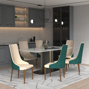 Elm Dining Chair with a Leather/Velvet Seat and a Two-Tone Color Design Backrest in Ash Wood Green Dining Chair Leisuremod