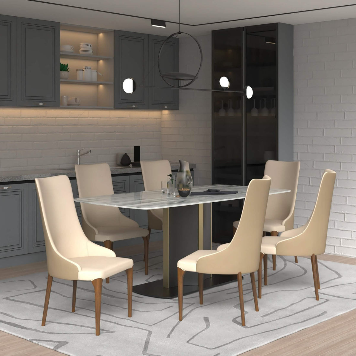 Elm Dining Chair with a Leather/Velvet Seat and a Two-Tone Color Design Backrest in Ash Wood Taupe Dining Chair Leisuremod
