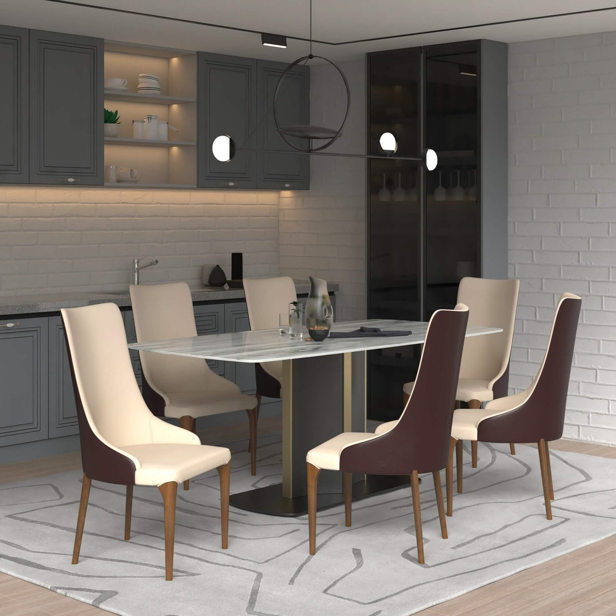 Elm Dining Chair with a Leather/Velvet Seat and a Two-Tone Color Design Backrest in Ash Wood Brown Dining Chair Leisuremod