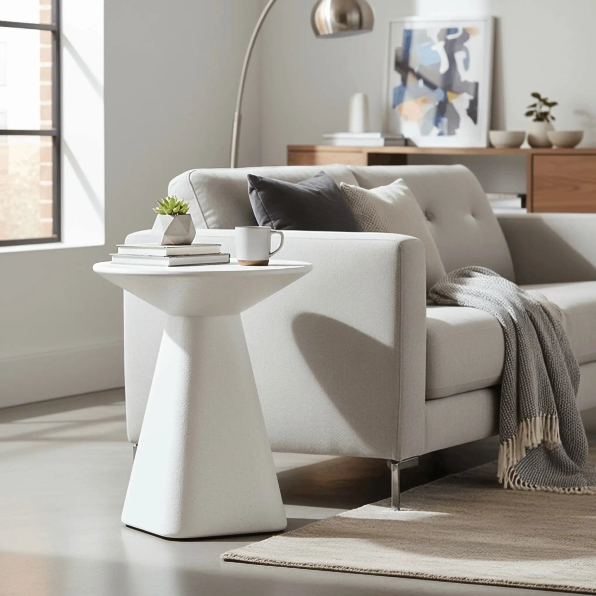 Elsie 18" Wide Circular Fiberstone Side Table with Powder-Coated Finish for Indoor/Outdoor Use White Side Table LeisureMod