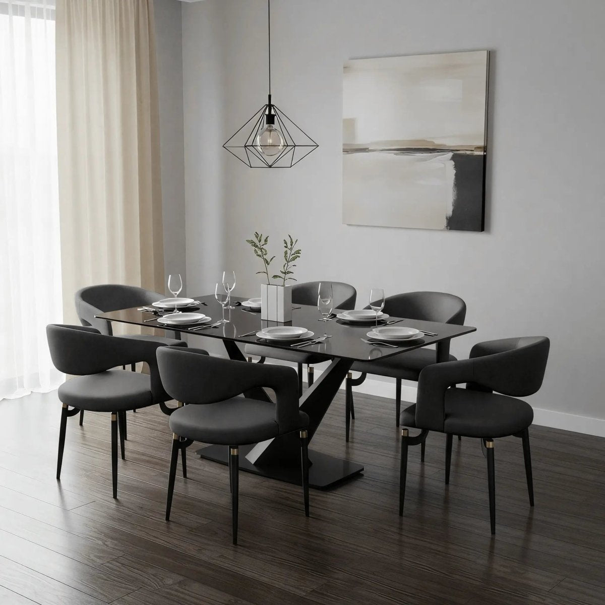 Entice Leather Dining Chair with Curved Open Back and Iron Legs Charcoal Black Dining Chair Leisuremod