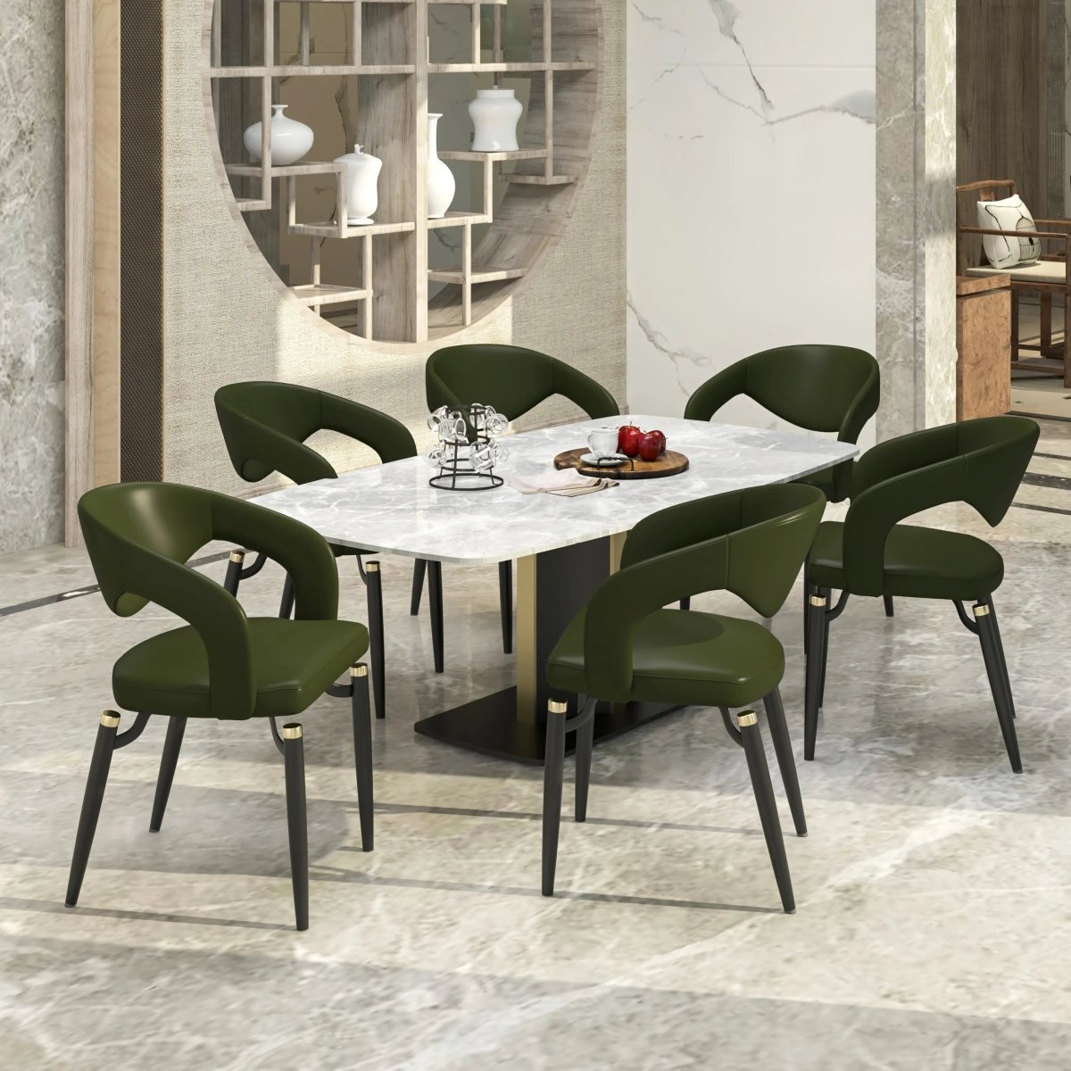 Entice Leather Dining Chair with Curved Open Back and Iron Legs Green Dining Chair Leisuremod