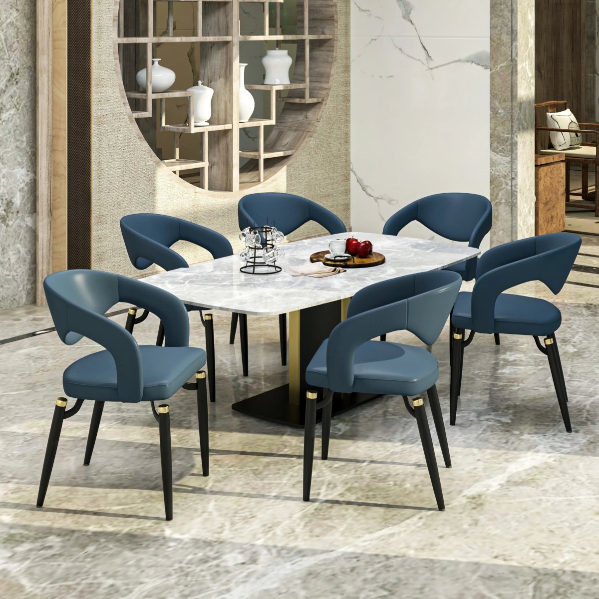 Entice Leather Dining Chair with Curved Open Back and Iron Legs Blue Dining Chair Leisuremod