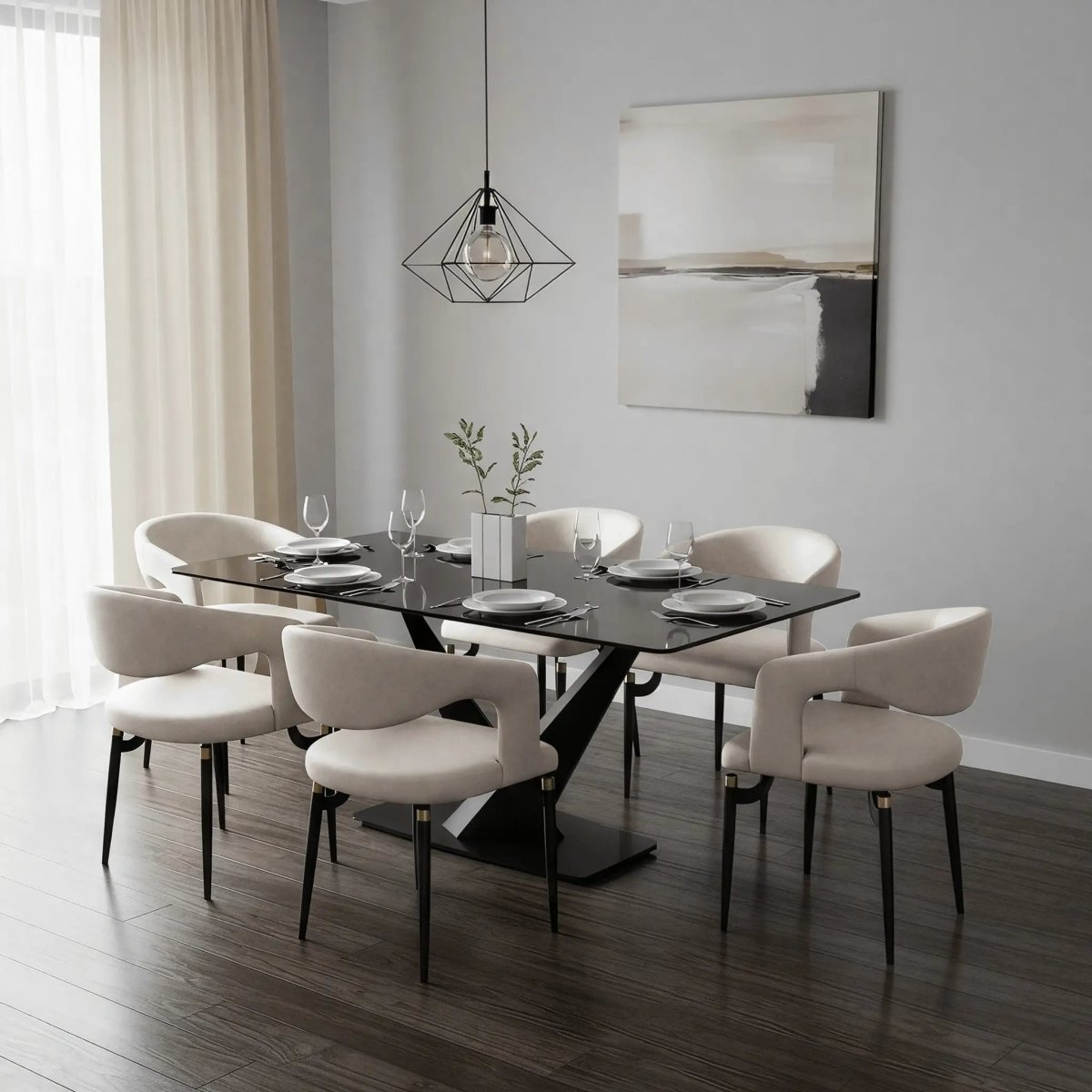 Entice Leather Dining Chair with Curved Open Back and Iron Legs Cream Dining Chair Leisuremod