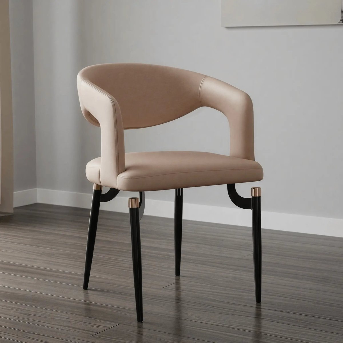 Entice Leather Dining Chair with Curved Open Back and Iron Legs Taupe Dining Chair Leisuremod