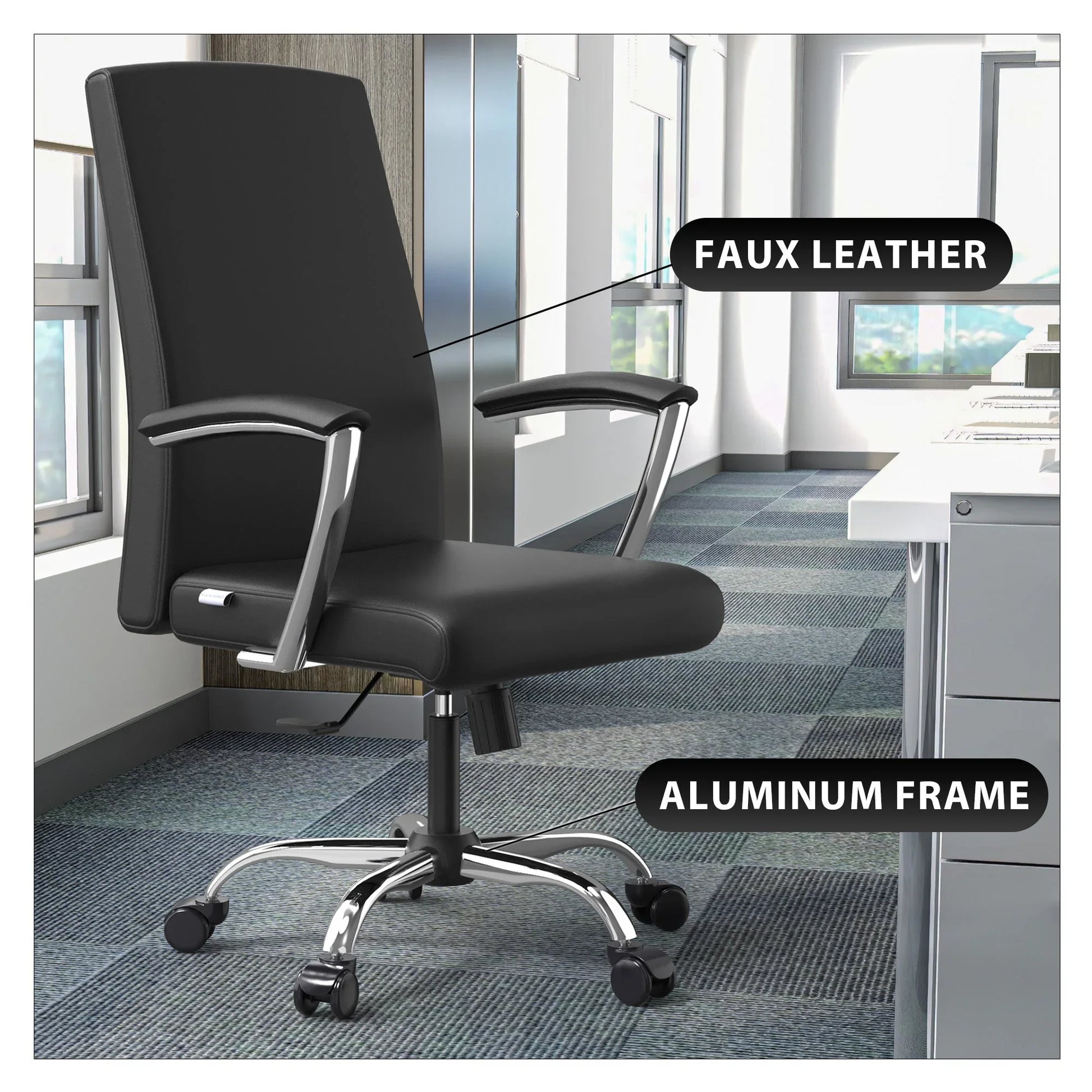 Evander Modern Swivel Office Chair in Faux Leather with Adjustable Height and Silver Frame - Elax Furniture