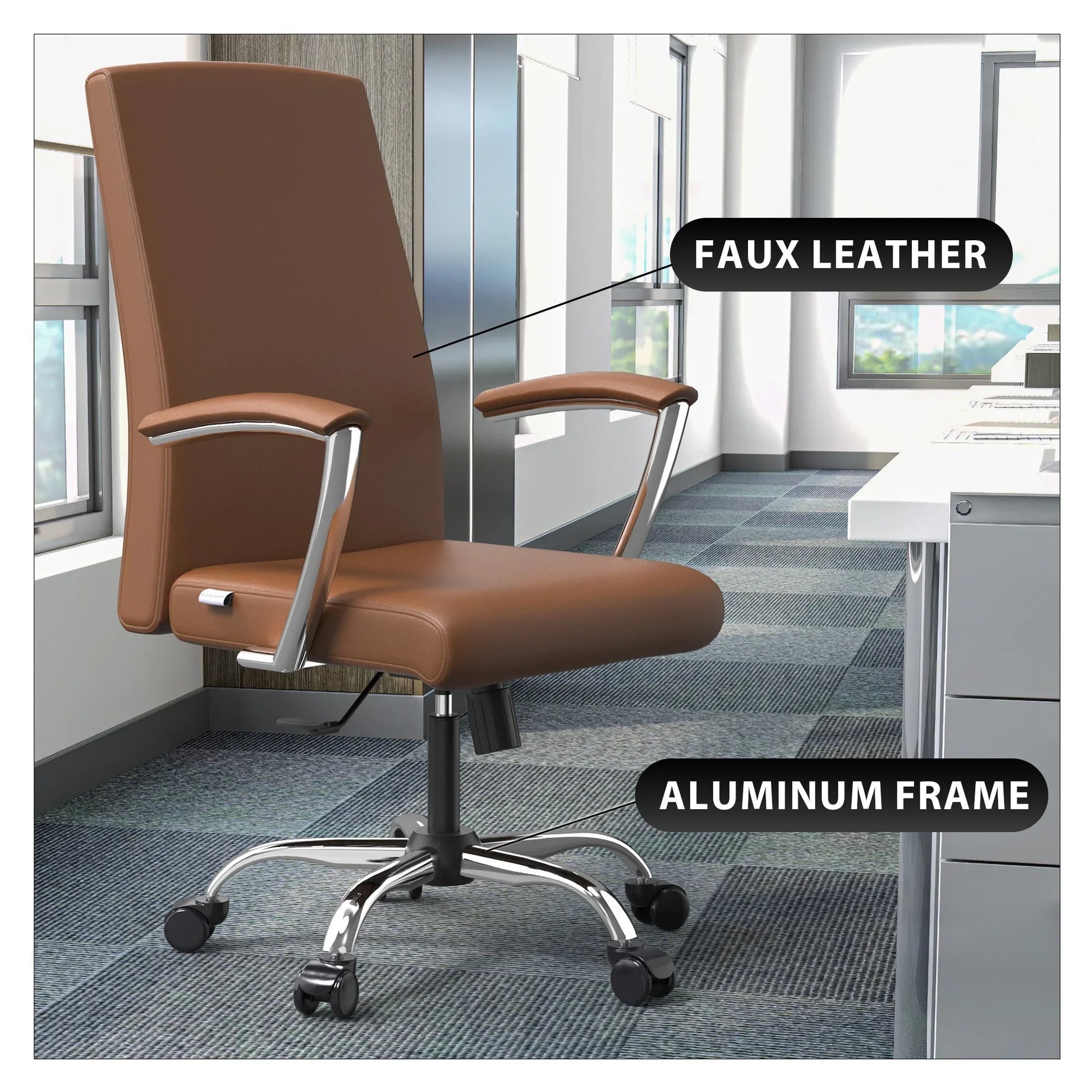 Evander Modern Swivel Office Chair in Faux Leather with Adjustable Height and Silver Frame - Elax Furniture