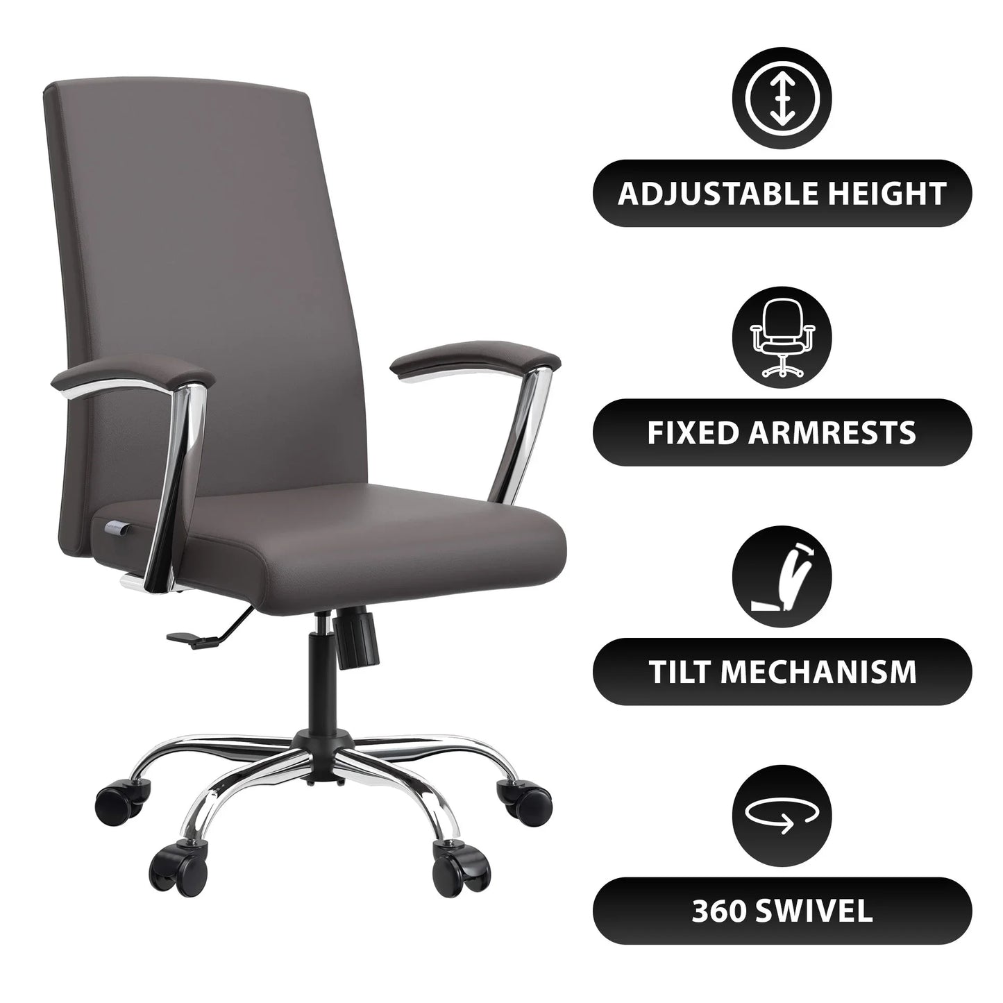 Evander Modern Swivel Office Chair in Faux Leather with Adjustable Height and Silver Frame - Elax Furniture