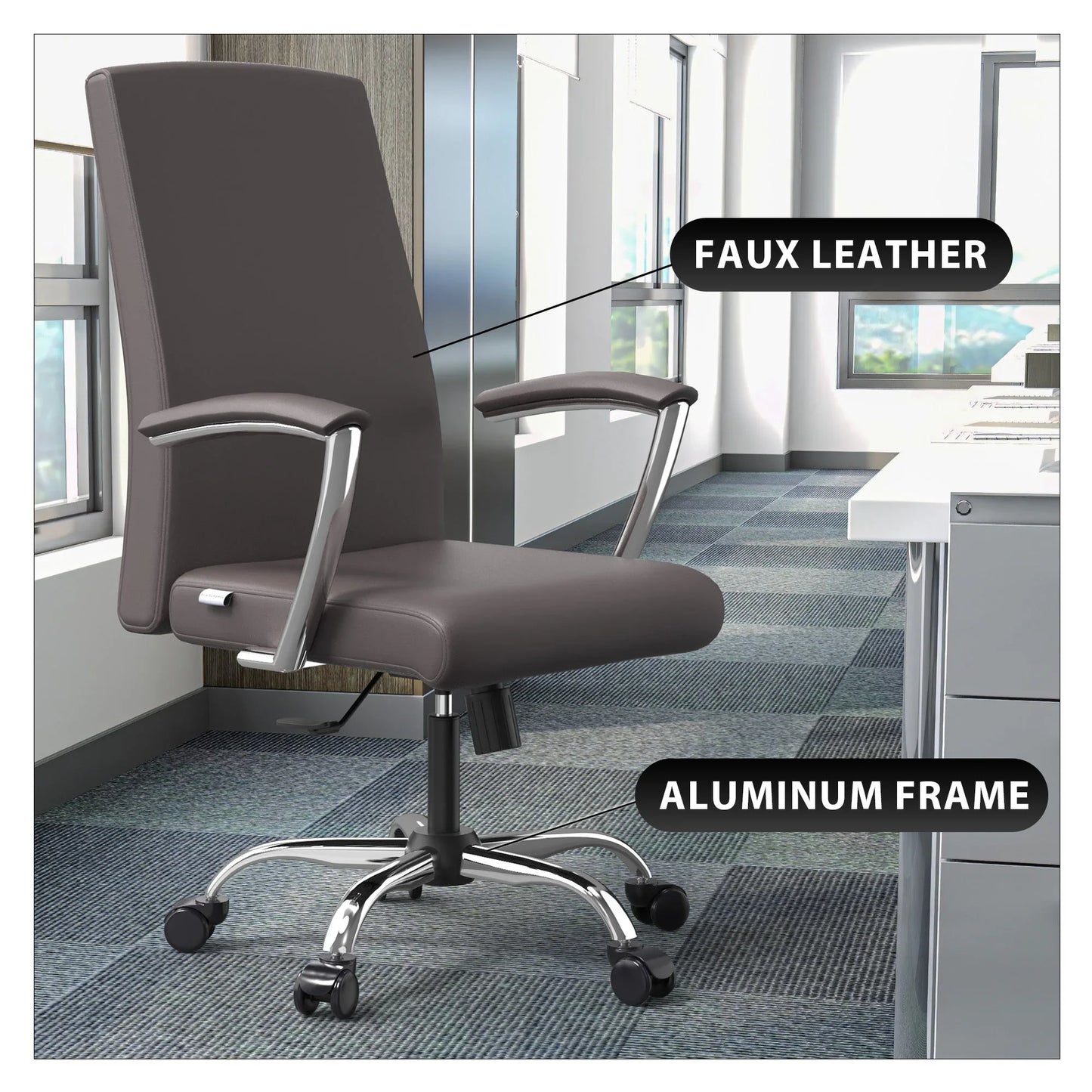 Evander Modern Swivel Office Chair in Faux Leather with Adjustable Height and Silver Frame - Elax Furniture