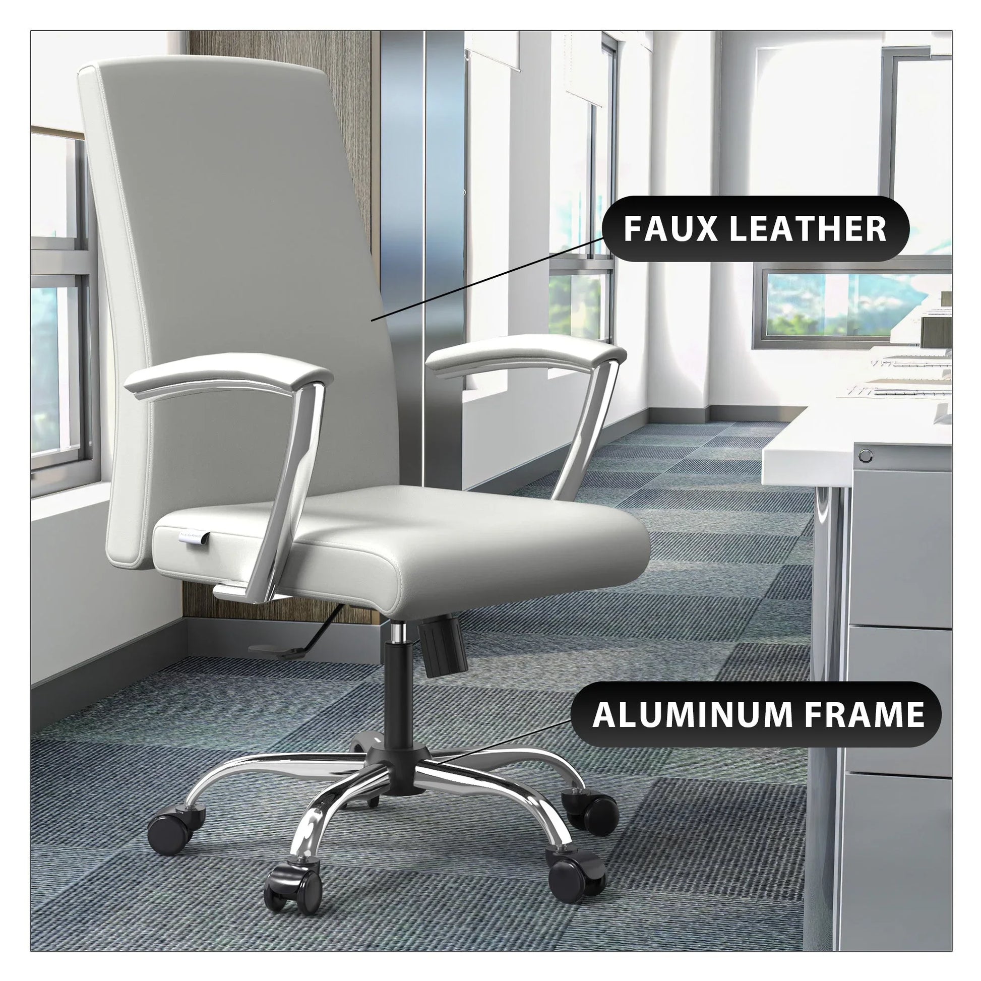 Evander Modern Swivel Office Chair in Faux Leather with Adjustable Height and Silver Frame - Elax Furniture